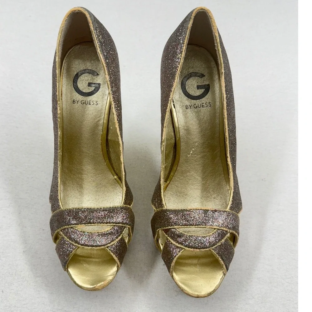 G By Guess Glitter Peep‎ Toe Platform Stiletto Heels Sparkly Gold Working Club